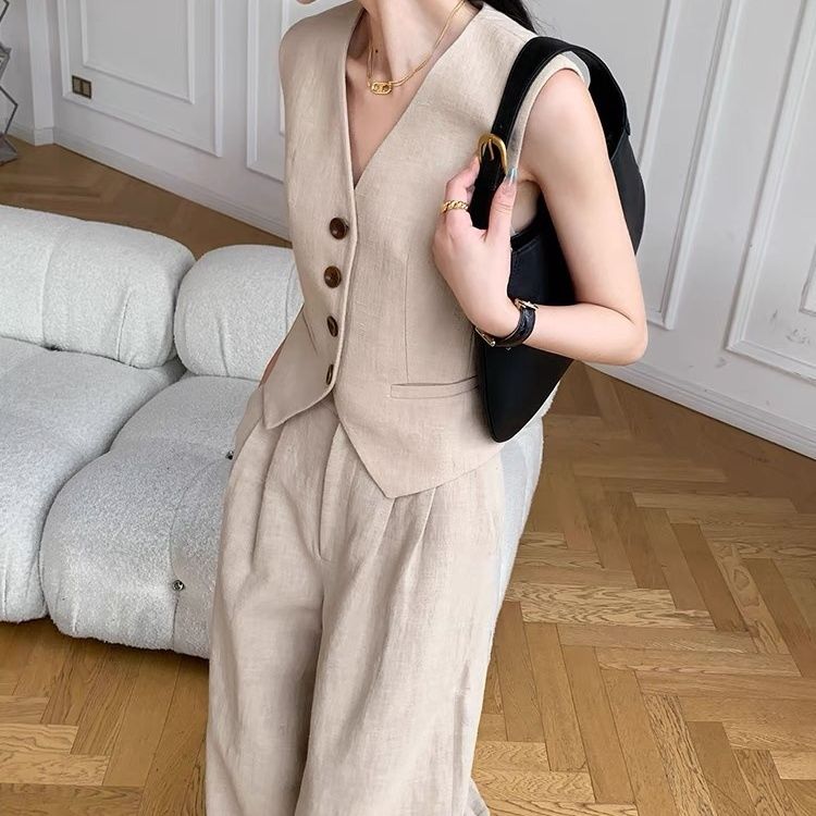 Модный комплект премиум-класса из двух частей, жилет без рукавов, хлопковый лен, широкие брюки, повседневный, для похудения