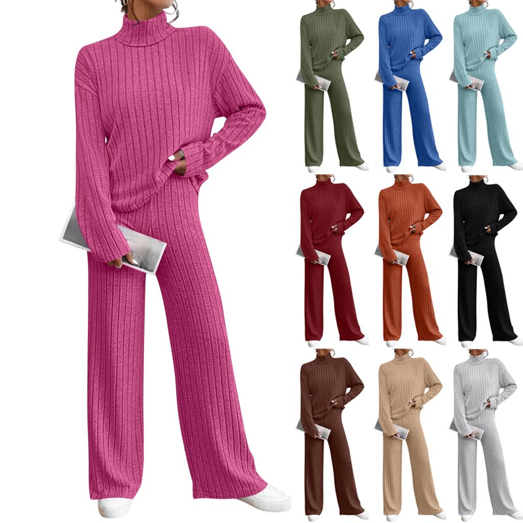 Женский модный однотонный топ с высоким воротником и длинным рукавом, повседневные брюки с эластичной талией, комплект из двух предметов