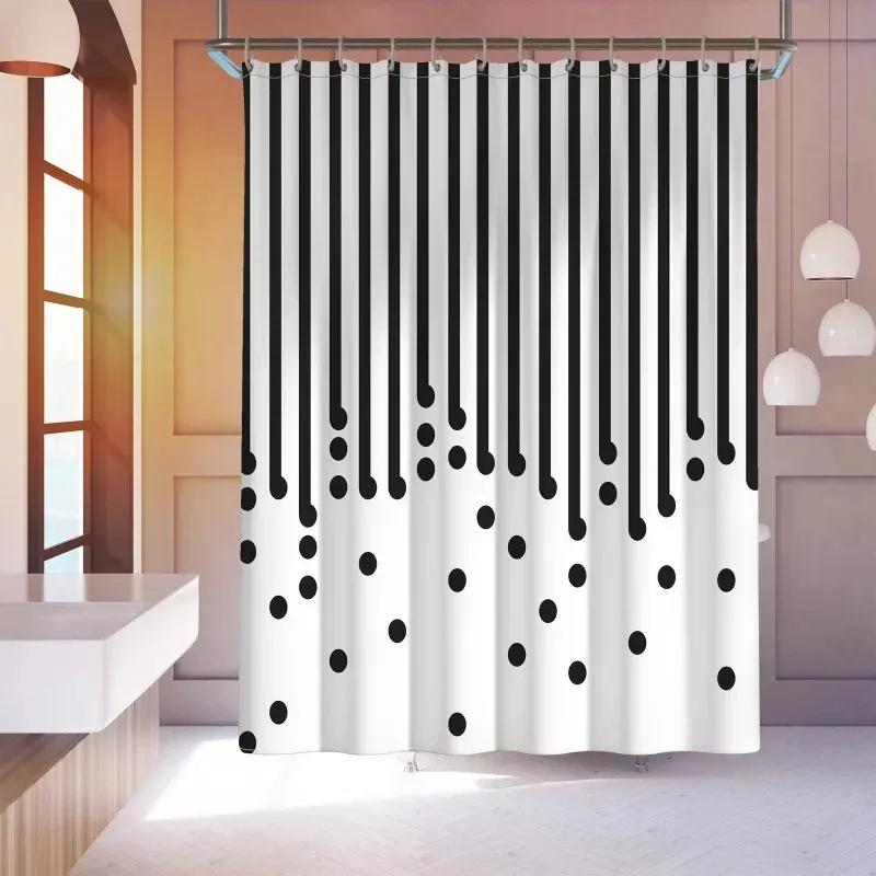 Black and White Striped & Polka Dot Shower Curtain, Modern Geometric Design, Waterproof Polyester Bathroom Curtain with Hooks