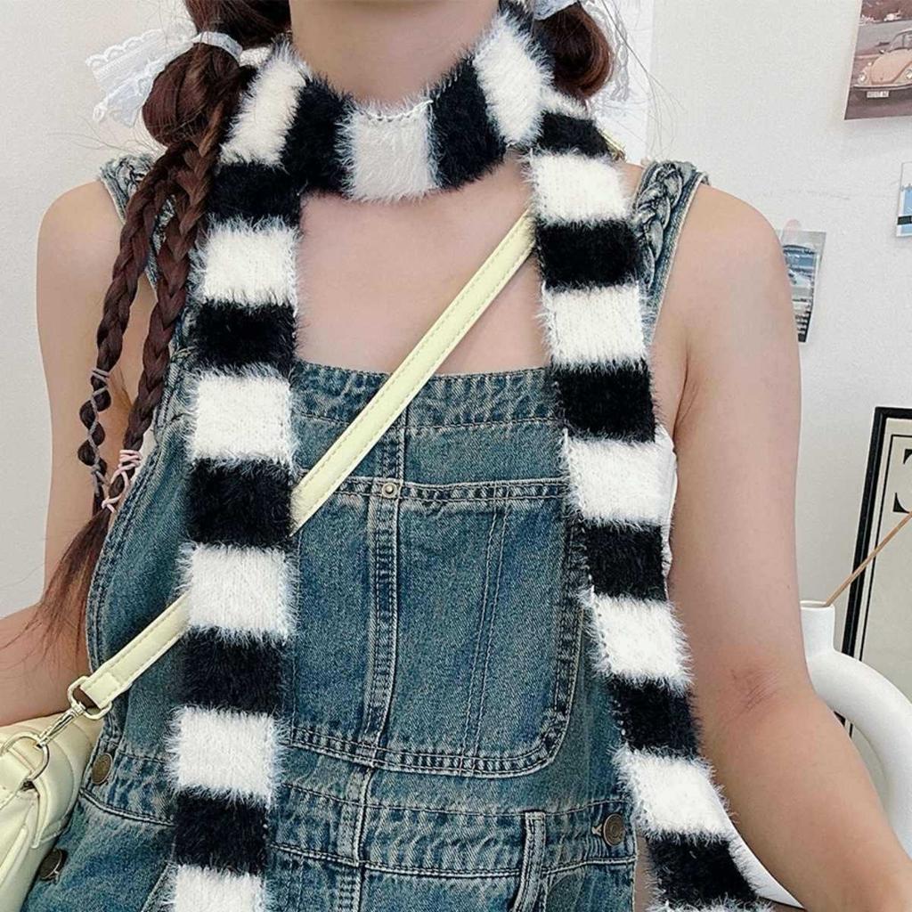 Slender And Long Y2K Striped Plush Scarf Female Niche Design Sense Hot Girl Decorated Scarf