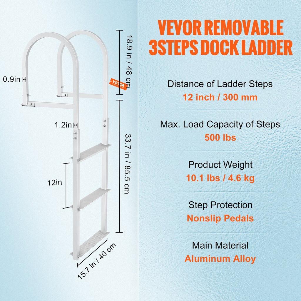 Aluminum Dock Ladder Boat Dock Ladder Removable 3 Steps with 500lbs Load