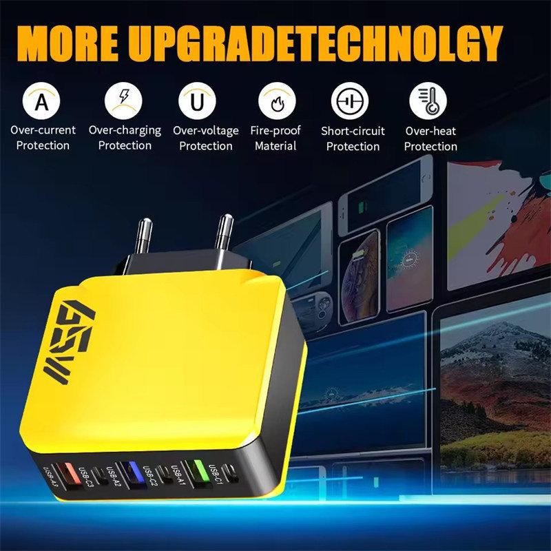 65 Вт USB C Настенное зарядное устройство Быстрая зарядка 6 портов Адаптер Quick Charge 3.0 для iPhone 13 14 15 Xiaomi Samsung Oppo Mobile Вилка США/ЕС