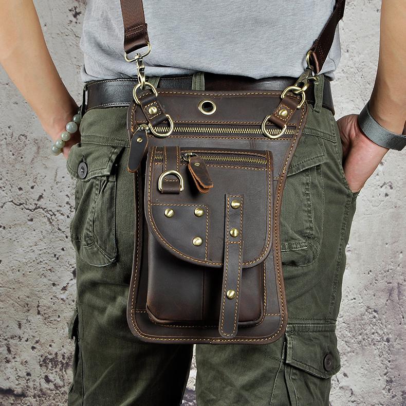 Mens Genuine Leather Multifunction Shoulder Crossbody Messenger Bag Hook Waist Pack Drop Thigh Leg Bag