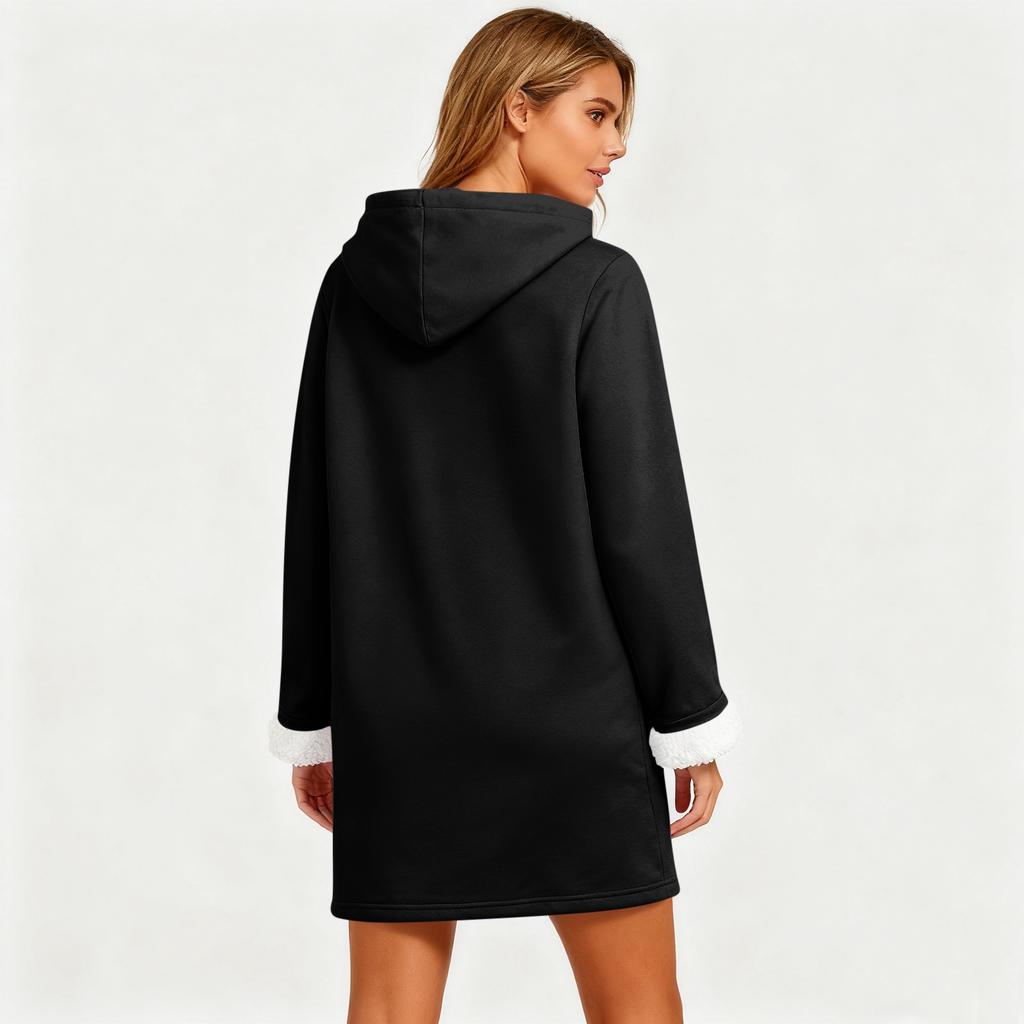 Women's Fashionable Solid Color Hooded Long Sleeved Plush Versatile Warm Bottom Shirt Top