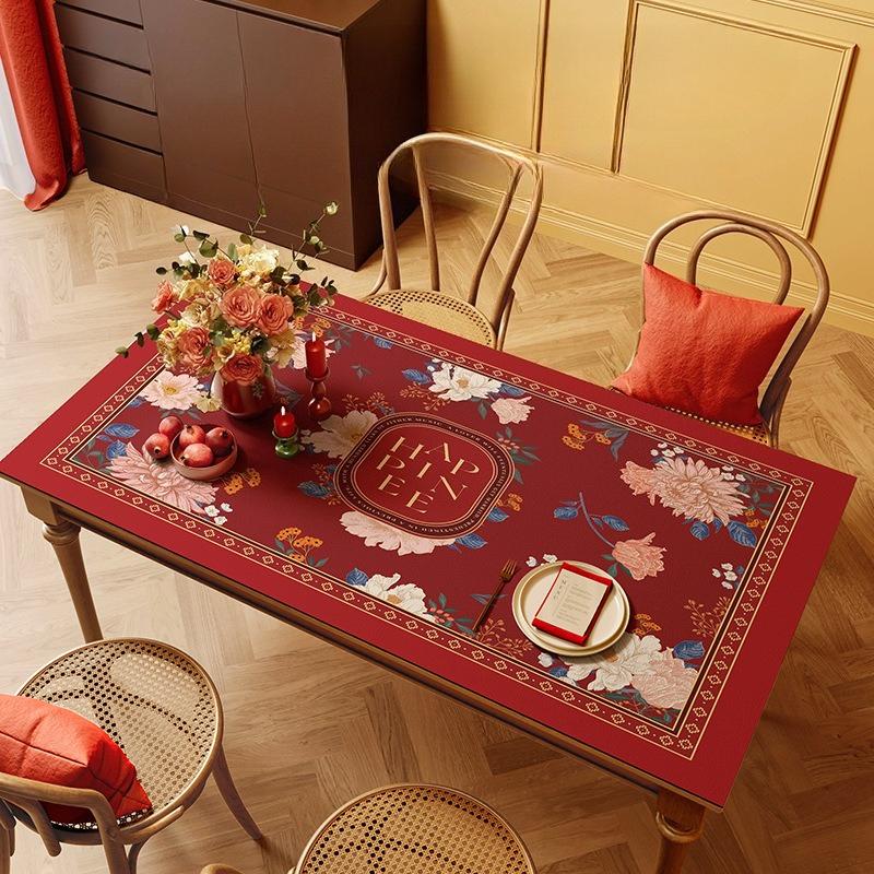 Red Festive Wedding Leather Table Mat Atmosphere Leather Tablecloth Engagement Leave-In Table Mat Rectangular Table Mat