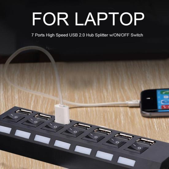 Compact USB 2.0 Adapter Hub with 7 Ports Universal Widely Compatible LED High-speed Power ON/OFF USB Splitter Dock