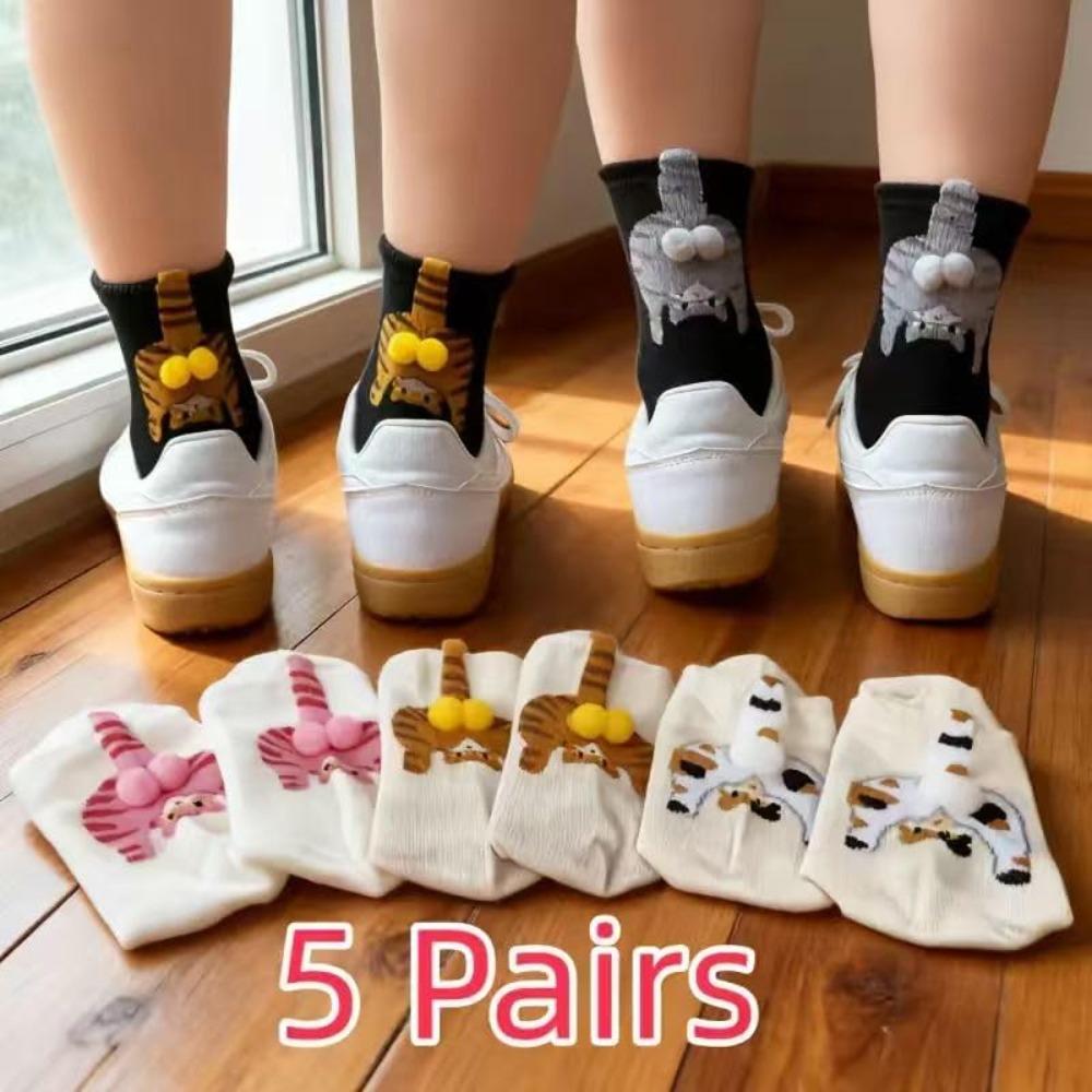 5 пар 3D носков с кошачьими лапками, воротником с бубенчиком и пушистым хвостом - Толстые теплые зимние гольфы/носки до щиколотки