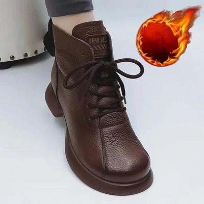 Винтажные короткие ботинки Осень Зима Круглый носок Шнуровка Плоская подошва Термоботинки Низкий подъем Мягкая кожа Туфли для мамы