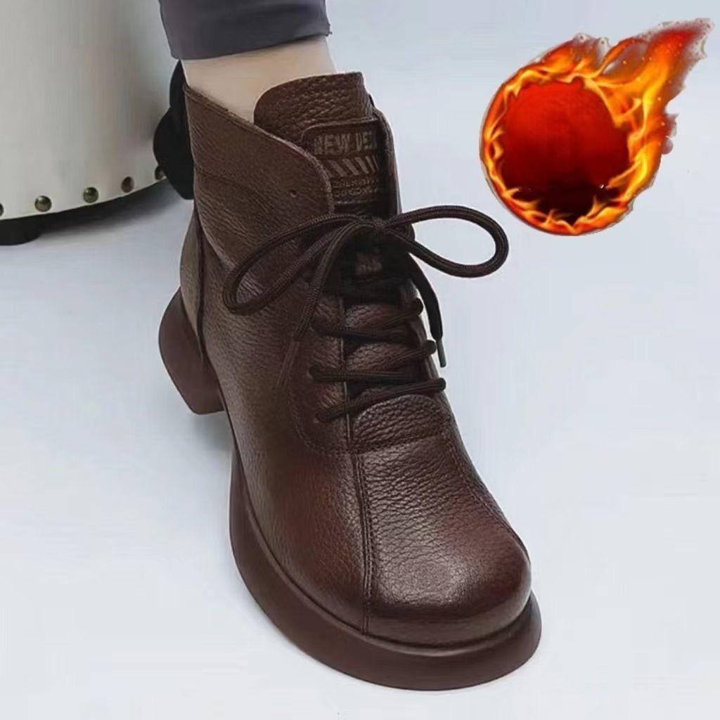 Винтажные полусапоги, осенне-зимние кружевные термосапоги на плоской подошве с круглым носком, мягкая кожаная обувь для мам с низкой посадкой