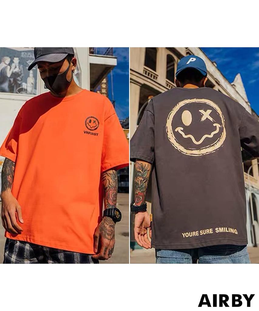 Мужская футболка с коротким рукавом, с вырезом и короткой круглой спиной в американском стиле [Airby], футболка, сшитая, с принтом «Улыбка», рукав, узор, оверсайз, большая, с персонажем,