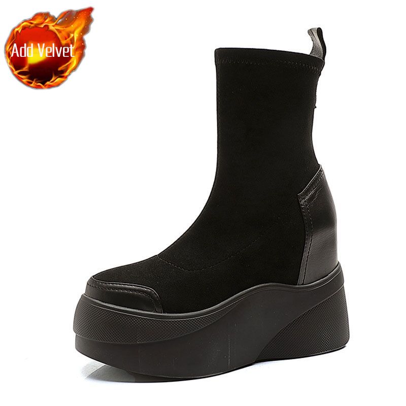 Модные ботильоны на толстой черной подошве, замшевые женские ботильоны на платформе, короткие туфли для женщин, эластичная рабочая обувь высокого качества, новинка 2024 года