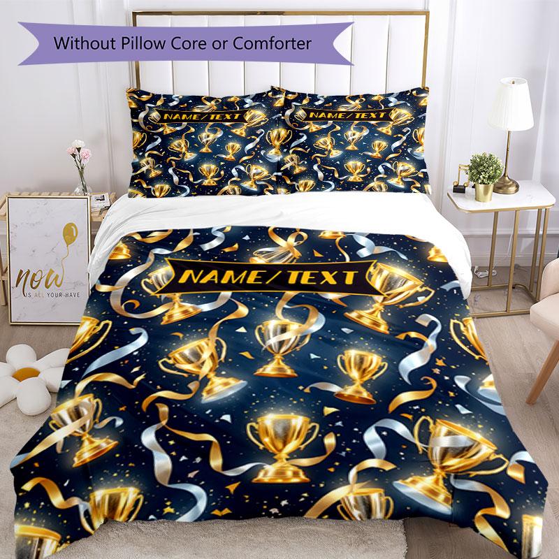 3PC Custom Name Golden Trophy Celebration Bedding Set Printed Bedding Set Duvet Cover Closure Includes 1 Duvet Cover & 174 Pillowcases for Bedroom