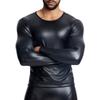 Мужские футболки с длинным рукавом из искусственной кожи, облегающие, с круглым вырезом, в байкерском стиле, приталенные