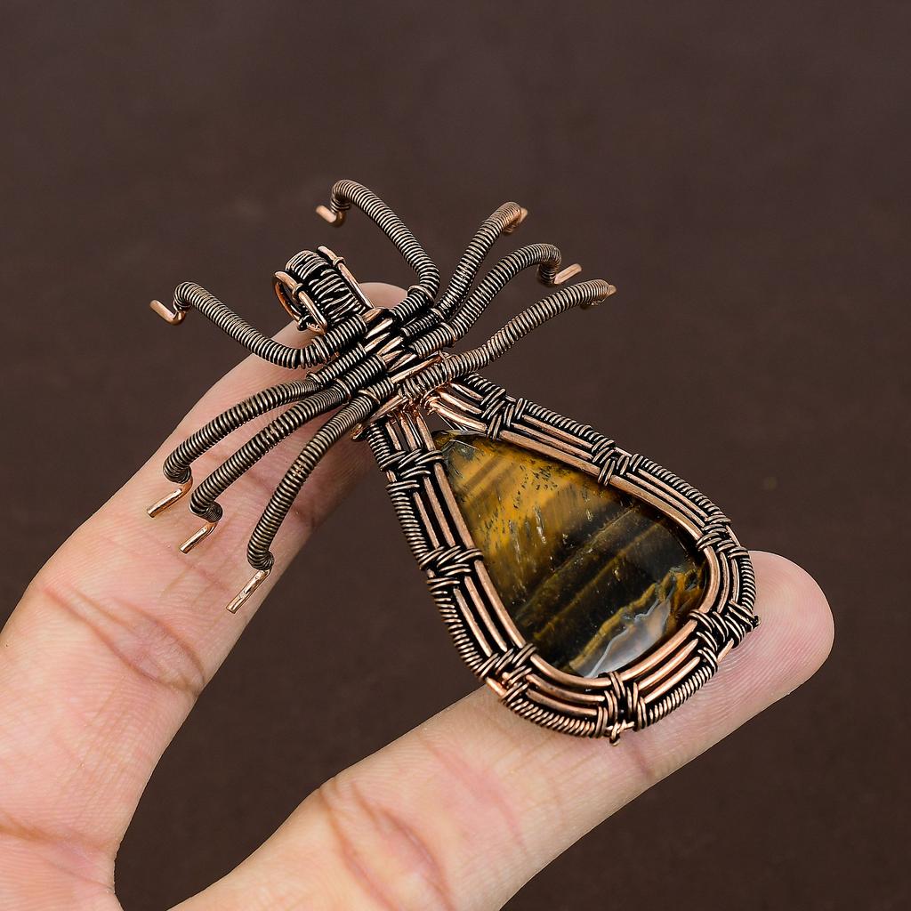 Natural Tiger Eye Gemstone Handmade Copper Wire Wrap Spider Pendant 2.56" B6e86