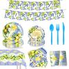 Retro Blue and White Porcelain Lemon-Themed Summer Party Tableware Set - Banner, Paper Plates, and Bunting Decorations