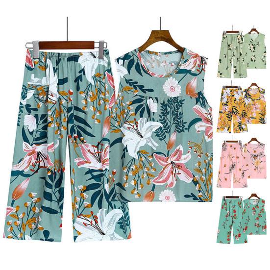 2 Pcs/Set Women Vest Pants Set Flower Print Round Neck Sleeveless Loose Pleated Elastic Waist Wide Leg Casual Homewear Mid-aged Mother Pajamas Set