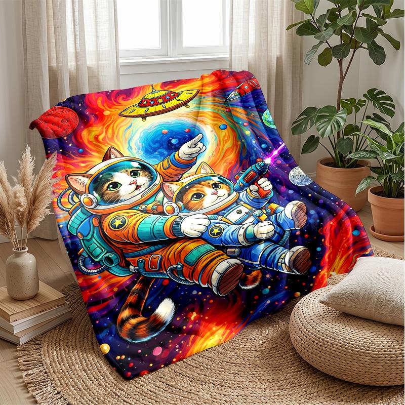 Cat Astronaut Space Journey blanket Personalized Name Flannel Blanket Soft Cozy Plush Throw for Sofa Bed Lightweight Home Decor
