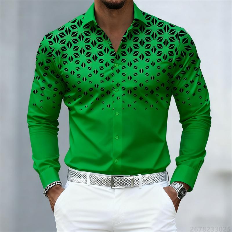 17 Colors of Men's Shirts, Fashionable Geometric Pattern Print Long Sleeve Shirts, Personalized Trendy Slim Lapel Casual Shirts
