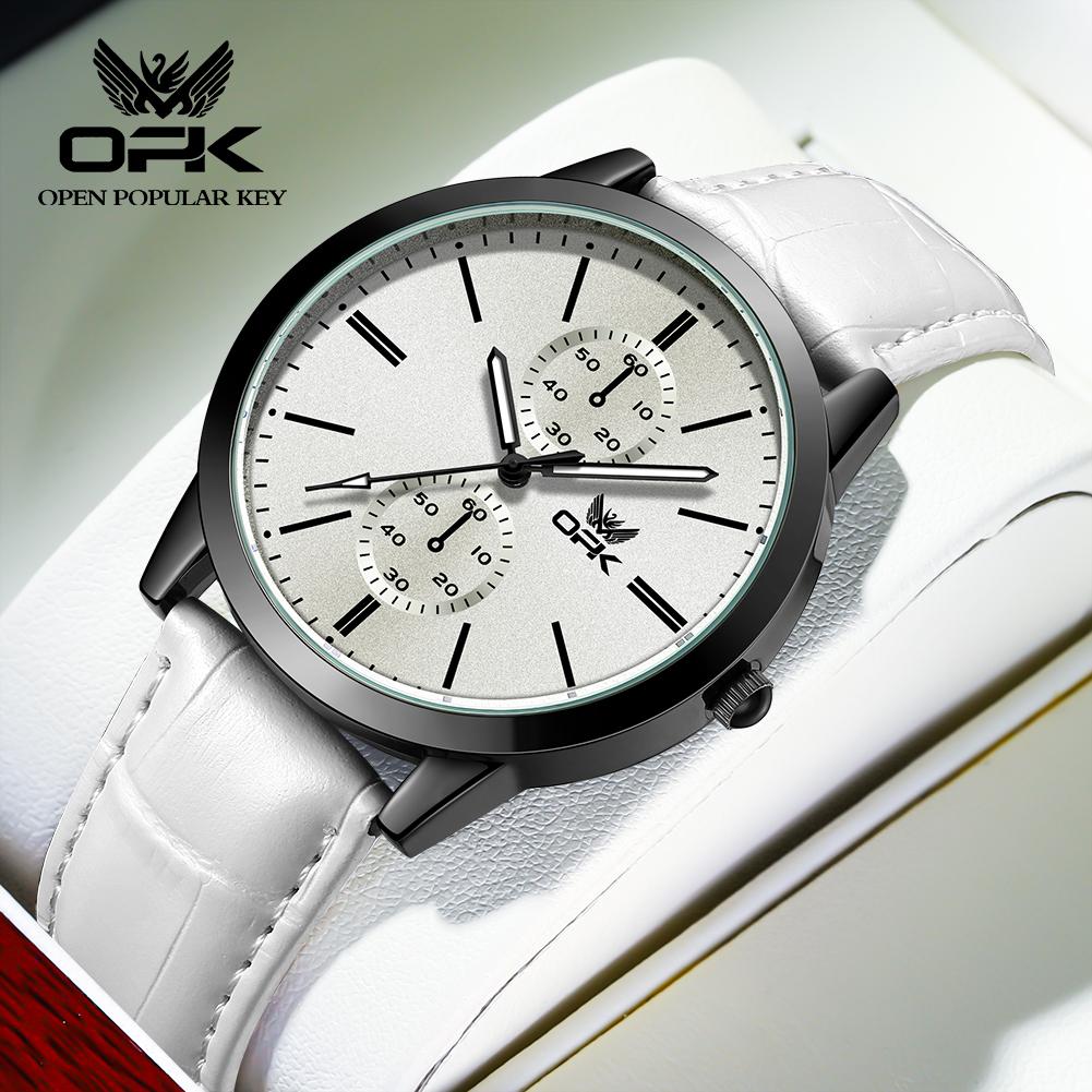 OPK 9001 Casual Sport Man Watches Luminous Leather Strap Chronograph Fashion Original Quartz Wristwatch for Man