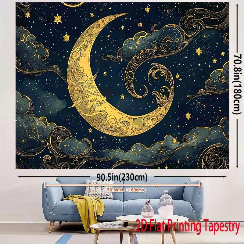 Ornate Golden Moon Tapestry 2D Digital Print Polyester Wall Hanging Living Room Bedroom Office Studio Decor with Hooks