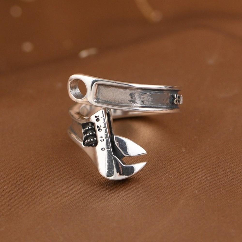 Heavy Duty Spanner Finger Ring Silver Plated Biker Jewelry Wrench-Shaped Open Ring  Boys Girls