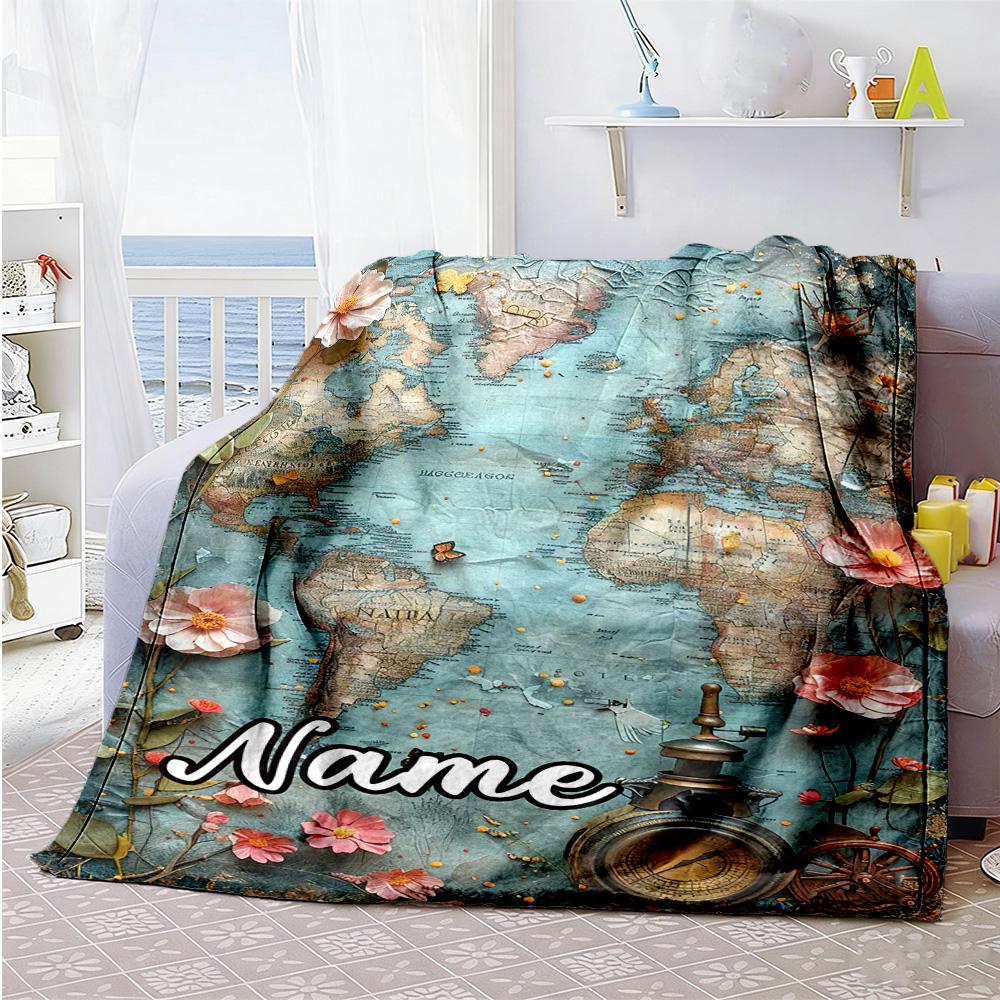 Vintage Map Customize Your Name Blanket Lightweight Customizable Blanket Ultra-Soft Versatile for Office Seaside Living Room Picnics