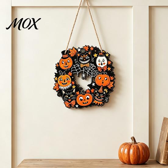 Natural Wood Craft Supplies Halloween Wooden Hollow Round Hanging Sign, Pumpkin Spider Web Haunted Theme Party House Ornament with Hemp Rope, Festive