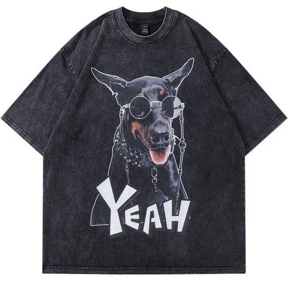 Винтажная футболка Streetwear Смешной доберман Графический принт Оверсайз Стиранная футболка High Street Diablo Старая футболка Hip Hop Футболки