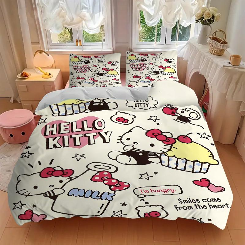 3pcs Dessert Design Hello Kitty Quilt Set Cartoon Themed Bed Quilt Set Lovely Character Bedroom Decor Bed Quilt Set Four Seasons (1 Cover + 2Pill