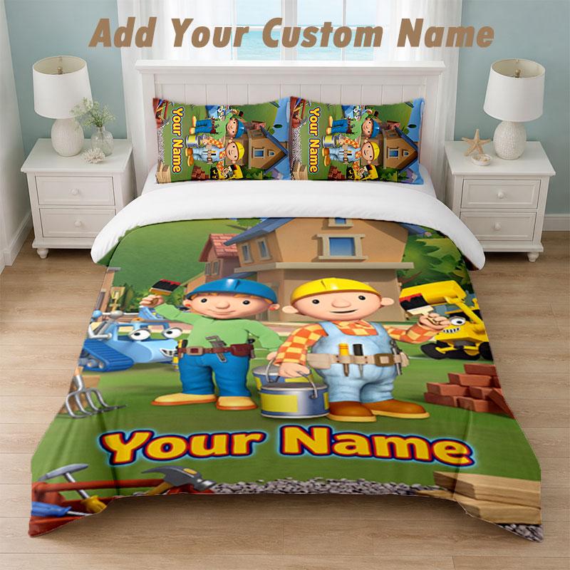 Bedding Set 1 Duvet Cover 2 Pillowcases Bob the Builder Print Soft Bed Linen Bedroom Decor