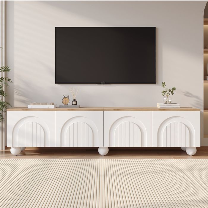 Meuble TV 180 x 40 x 45 cm - 4 portes - 6 pieds métal - MDF - Blanc + Naturel