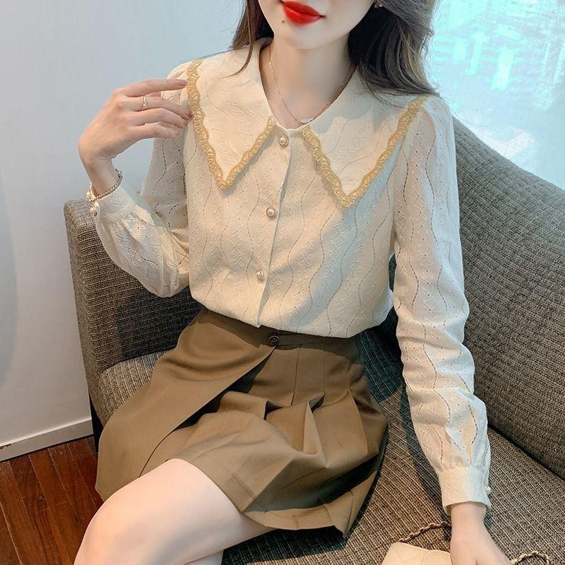 Женская шифоновая блузка с воротником Питер Пэн на весну и осень 2025 года - Новая модная кружевная рубашка