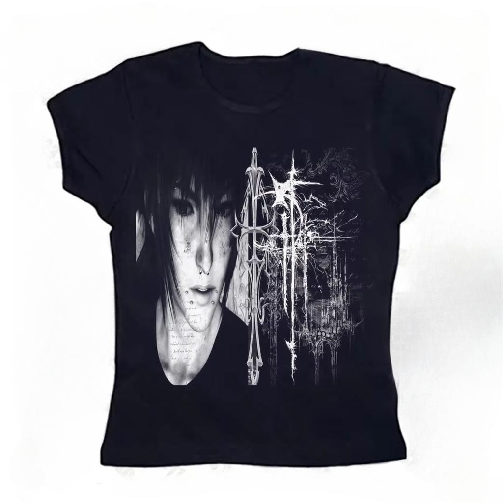 Y2K Style Vintage Graphics T-shirts Summer Emo Girl Slim Fairy Grunge Aesthetic Harajuku Gothic Sexy Short Sleeve T-shirts 2000s