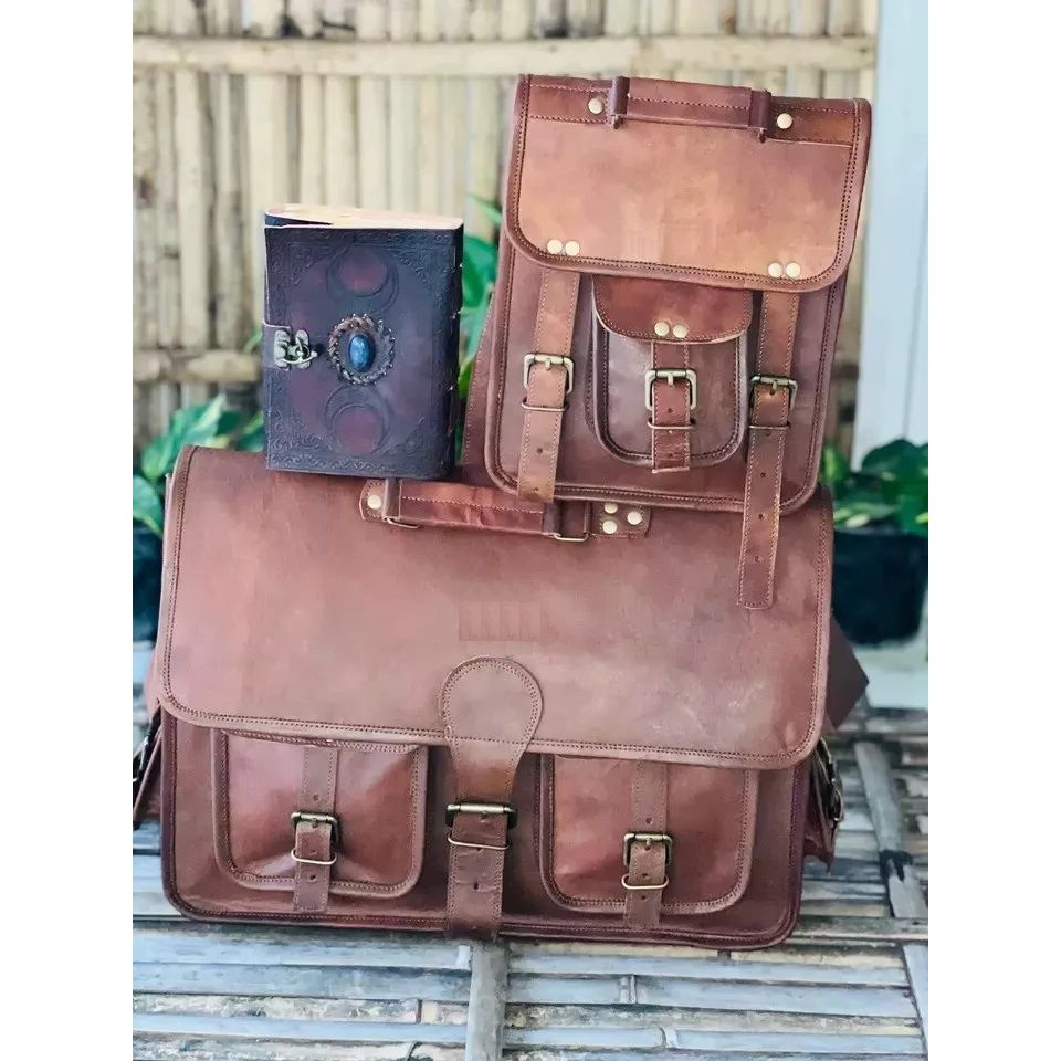 Handmade Men's Leather Laptop Messenger Briefcase Messenger Brown Bag ( Free Gift Pocket Handle Bag Size - 11 X 9 X 3 In / Diary Size - 7 X 5 In )