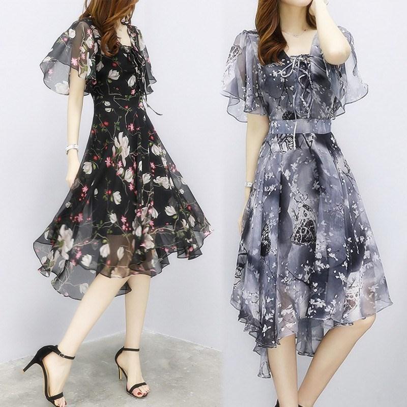 Women Chiffon Print Dress Spring Office Lady V-Neck Flare Sleeve Slim Knee-Length Female Summer Clothes