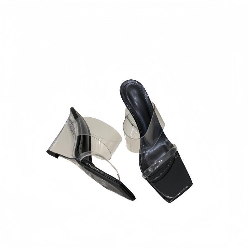 Fashion New Designder Style Crystal Wedges Heels Women Slippers Fashion Transparent Square Toe Banquet Slide Shoes Zapatos De Mujer