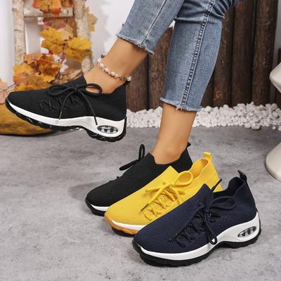 Женские кроссовки-носки Flyknit широкой полноты - Слипоны на массивной подошве для бега, Удобная повседневная спортивная обувь