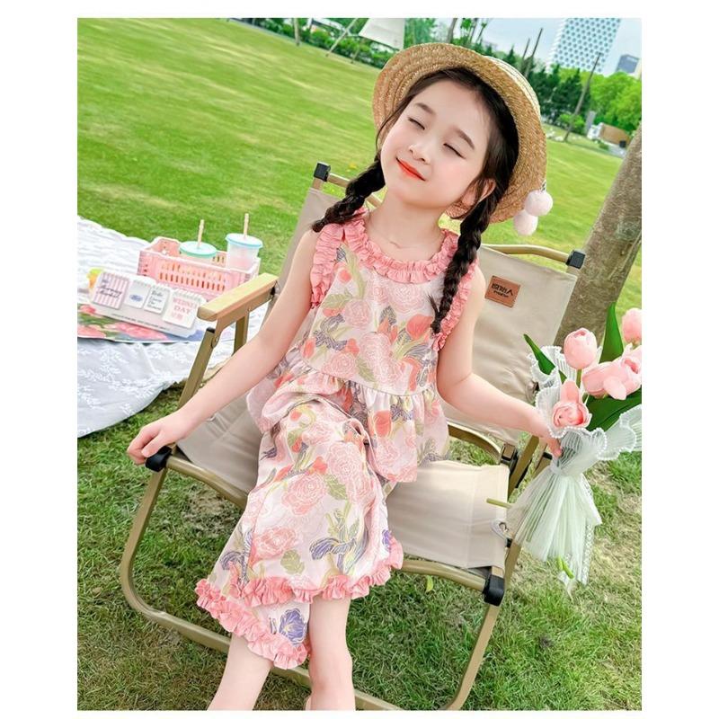 Летний комплект из жилета для девочек с цветочным принтом, детский комплект из двух предметов с грибковым краем