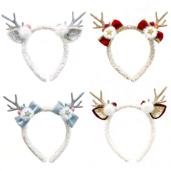 Рождественская повязка на голову для женщин, флисовая повязка с рогами оленя, с бантом и помпонами, для рождественской вечеринки, аксессуар для косплея на Хэллоуин
