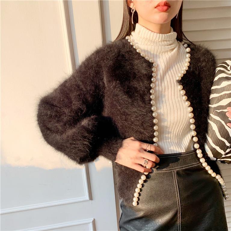 Осенне-зимняя женская куртка, нежный жемчуг, сладкий темперамент, свитер с рукавами-фонариками, куртка-кардиган