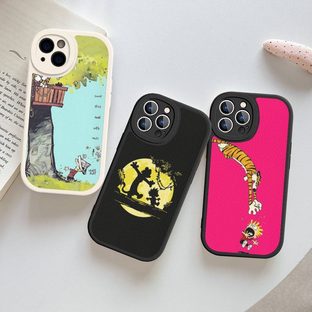 C-Calvin And H-Hobbes Phone Case For IPhone 16 15 14 13 Pro Max 11 12 Plus Leather Silicone Cover