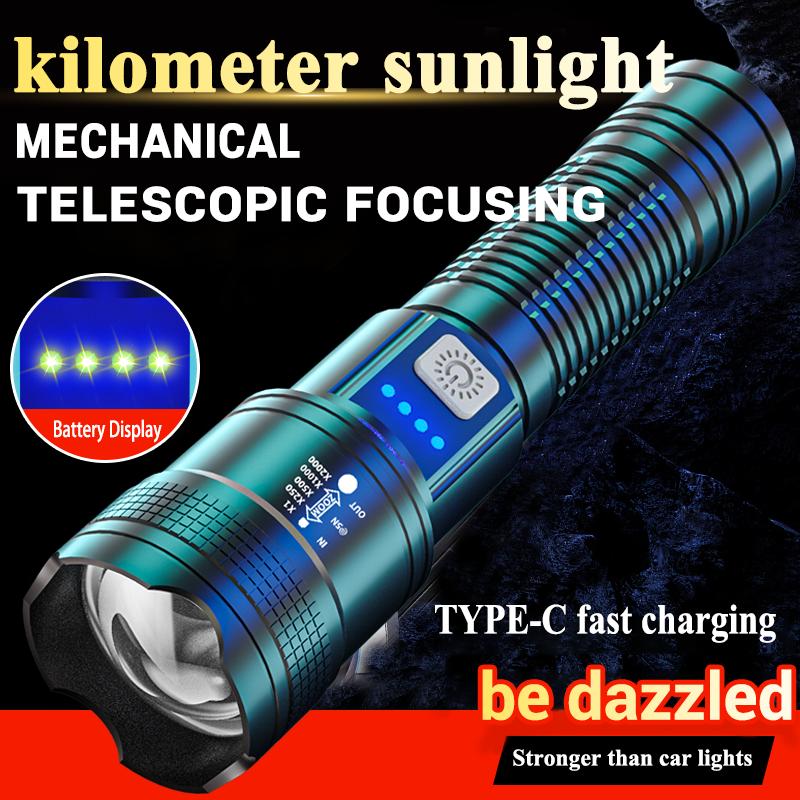 Portable LED Flashlight P120 USB Rechargeable Zoom Flashlight Waterproof Torch Emergency Power Bank Function for Camping Hiking