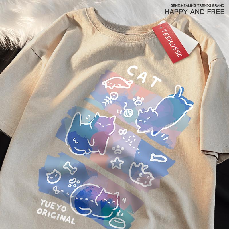Забавные футболки с принтом озорного кота в японском стиле для мужчин и женщин, модные футболки, дышащие летние футболки, хлопковая свободная футболка, одежда