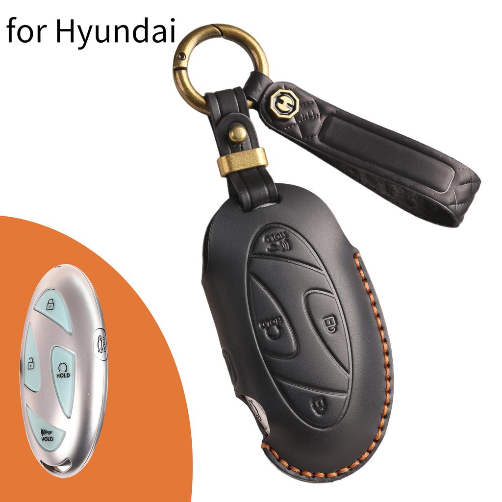 Smart Car Key Case Cover for Hyundai Grandeur GN7 Kona Ev Year 2023 Genuine Leather Keyring Fob Shell Accessories Keychain