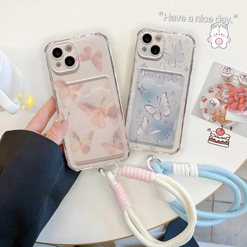 Карман-держатель для карт с рисунком бабочки и шнурком Чехол для Samsung Galaxy S25 Edge S23 S24 S25 Ultra S22 S21 Plus S20 FE чехол Милый Мягкий