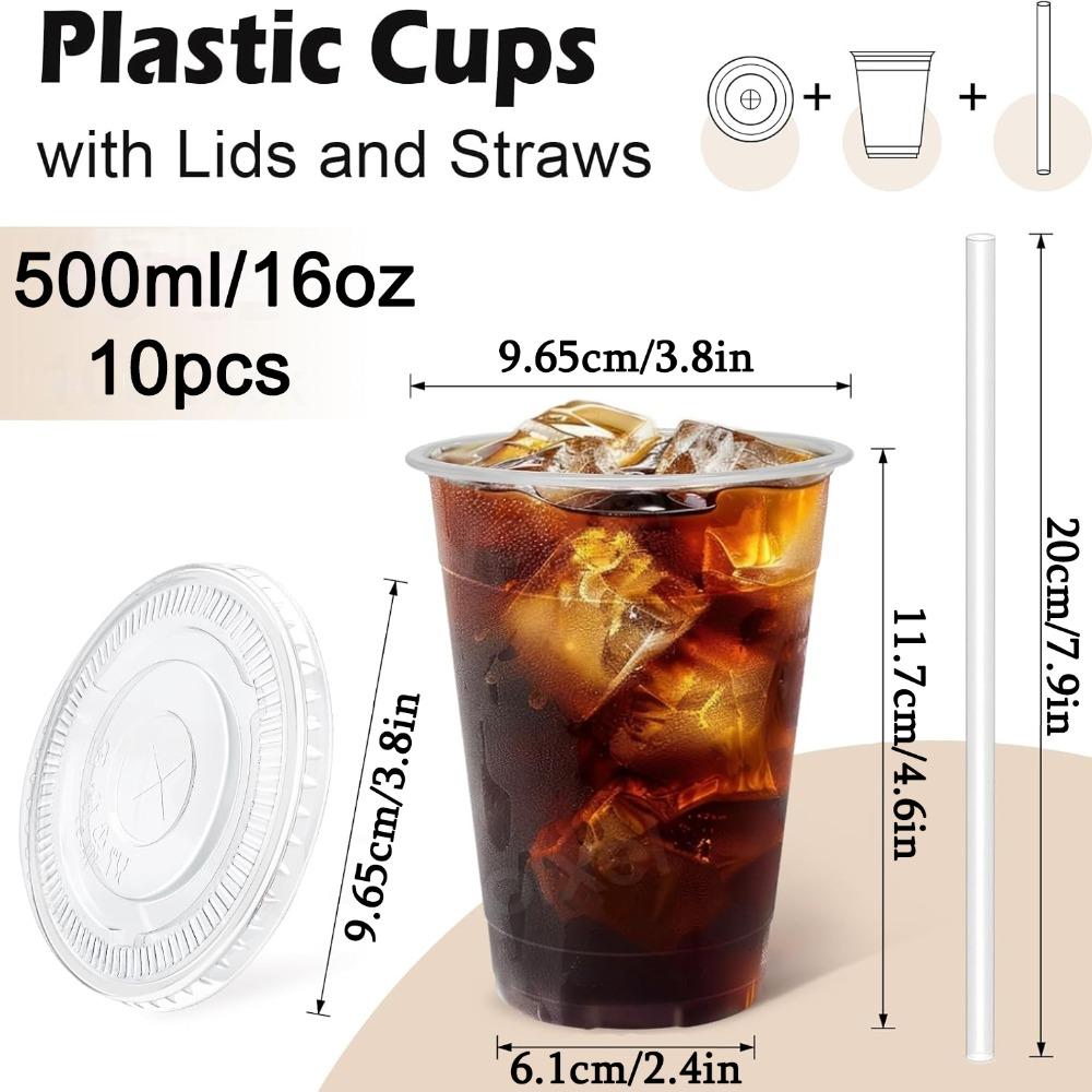 10pcs 16oz Clear Plastic Cups with Lids and Straws Plastic Coffee Cups with Lids Milkshakes Clear Party Coffee Cups Coffee Bar Accessories
