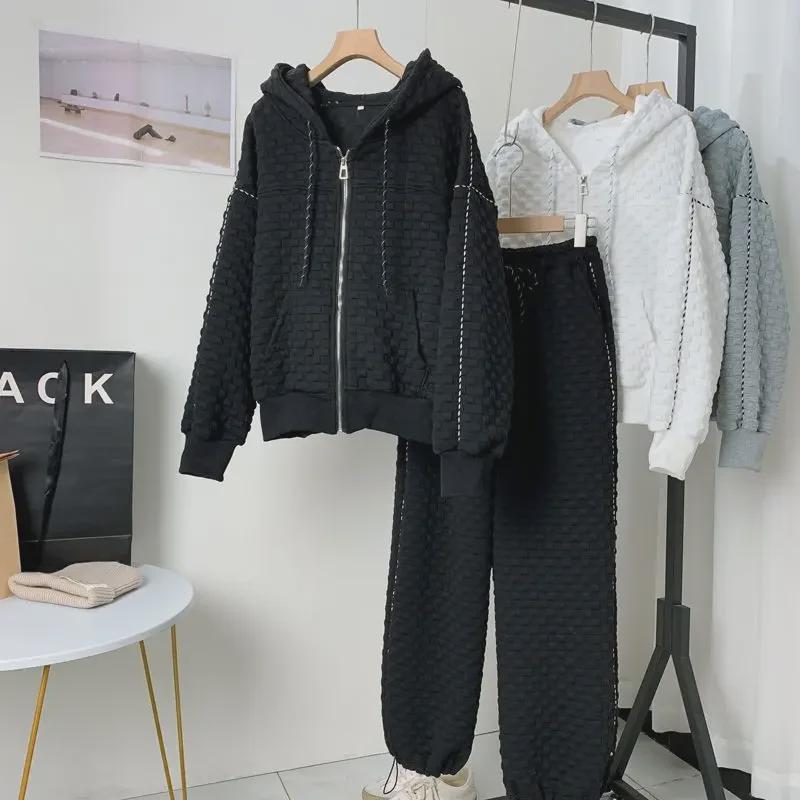 Весенне-осенний свободный спортивный комплект с капюшоном — антивозрастной, повседневный стиль, с длинными рукавами, большого размера