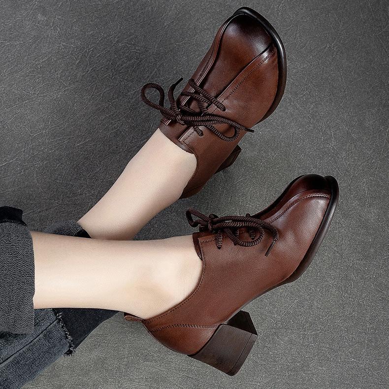 Retro Women Shoes Med Heels Solid Color Pumps Genuine Leather Round Toe Handmade Lace-up Shoes