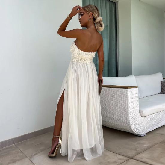 Женское вечернее платье с открытыми плечами-бандо с открытыми плечами и разрезом подолу, двухслойная цветочная аппликация, плиссированное кружевное бальное платье без рукавов с высокой талией, макси