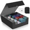Deck Case Holds Over 4 Trading Card PU 12 Cards with Dividers 3,000 Cards, Rows, Built-in Magnet, Case, Leather, (Black + Gray)